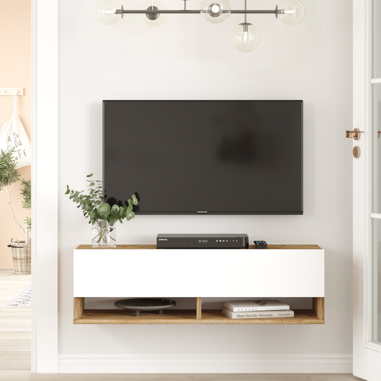 15350045 Έπιπλο Τηλεόρασης ArteLibre BEXLEY Πεύκο/Λευκό Μοριοσανίδα 100x31.6x29.6cm - Image 1