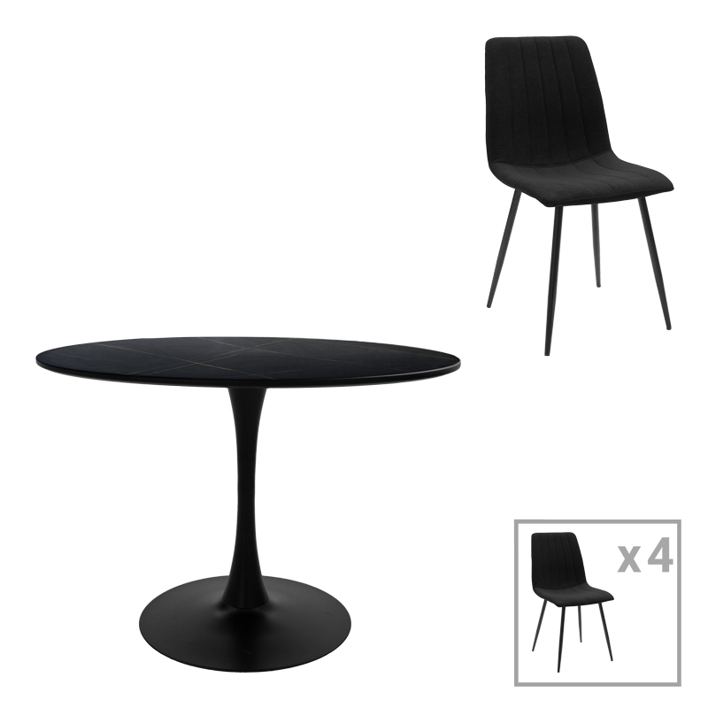 200-001425 Τραπεζαρία Balou-Noor pakoworld σετ 5τεμ MDF μαύρο-ύφασμα μαυρο Φ120x73εκ - Image 1