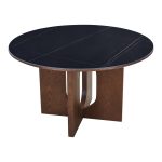 Τραπέζι Merge pakoworld sintered stone-mdf σε μαύρο μαρμάρου με καρυδί βάση Φ130x75εκ - Image 2